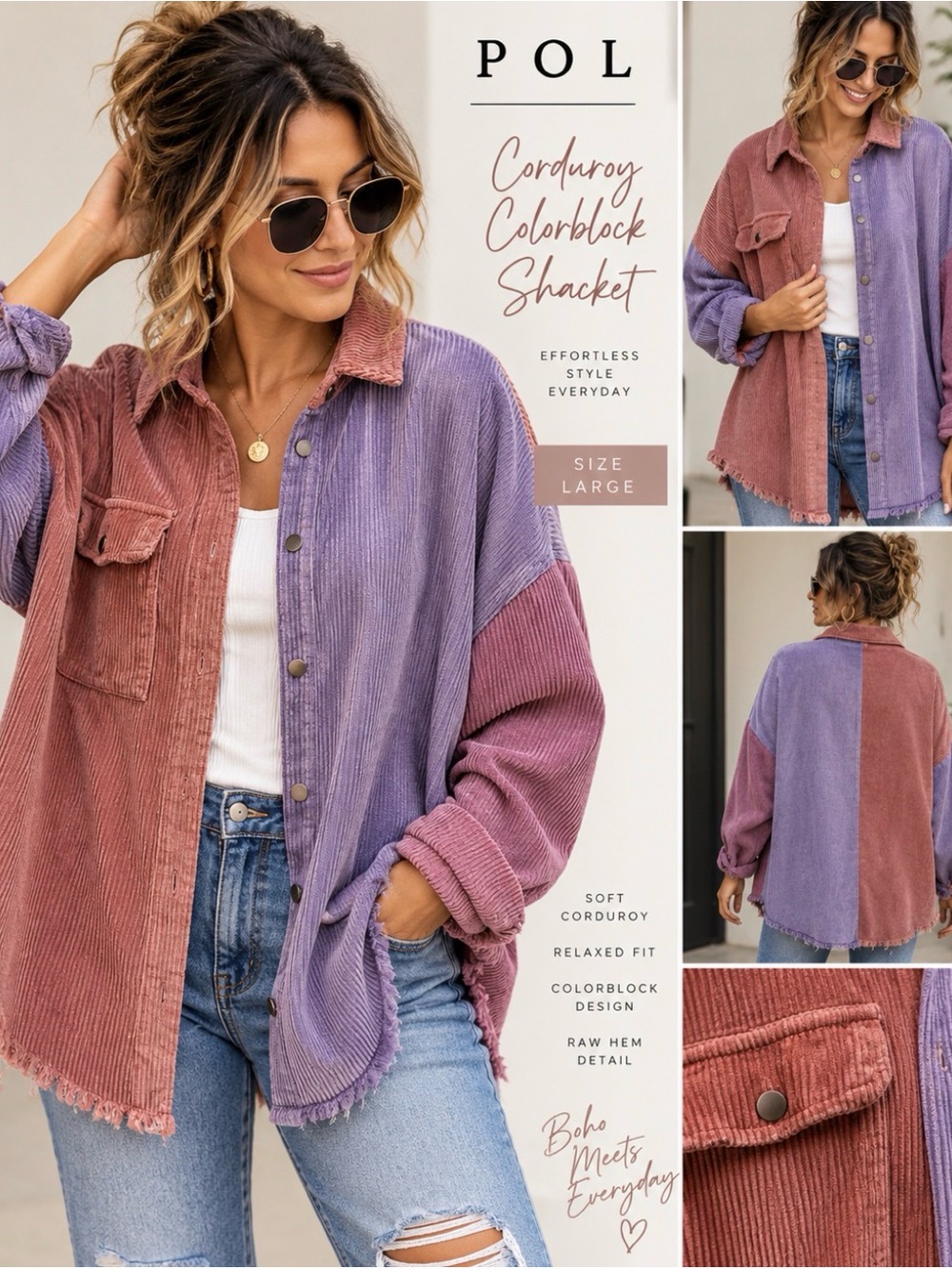 POL Corduroy Colorblock Shacket in Mauve & Lavender